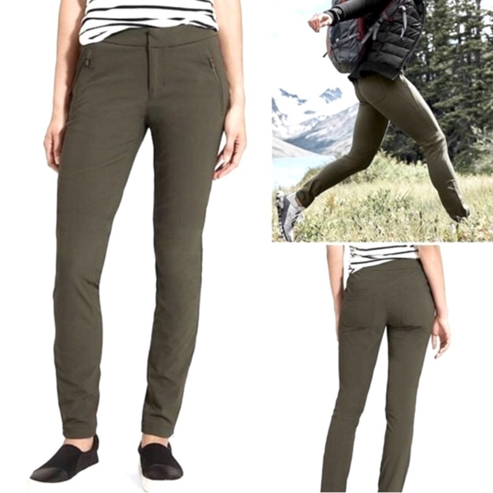 Athleta Wander Stash Skinny Pant Stretch Tapered Ankle Zip Olive Green Womens 4